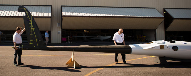Einar K. Enevoldson, right, the project’s founder and chief pilot, and Morgan Sandercock, the project manager. The sailplane will cost $7.5 million.