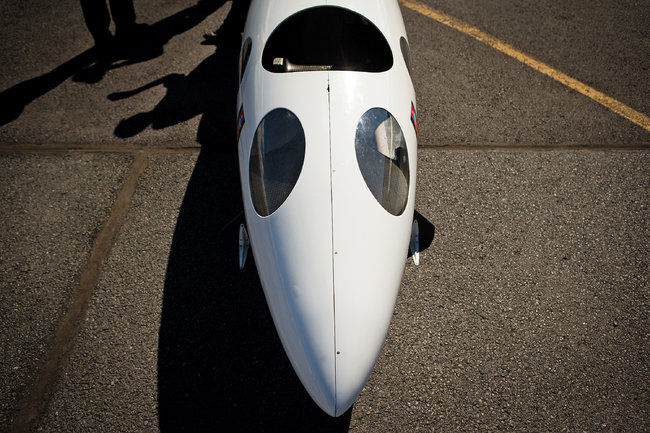 A dummy fuselage of Perlan II, a sailplane designed to reach a record altitude. The flight is scheduled for August 2015.