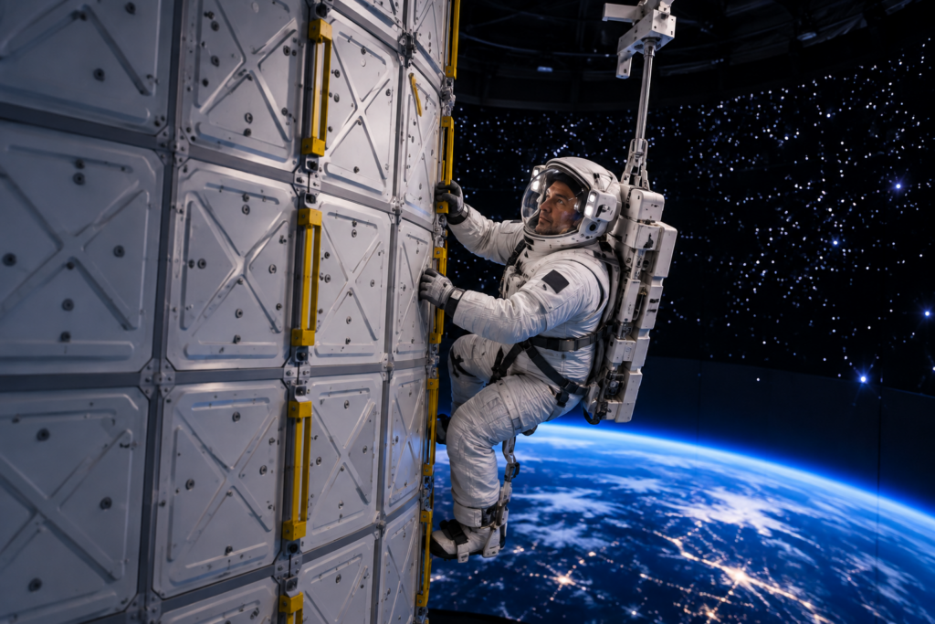 Astronaut training on the Waypoint 2 Space Modular EVA Training System (METS) for orbital mission preparation
